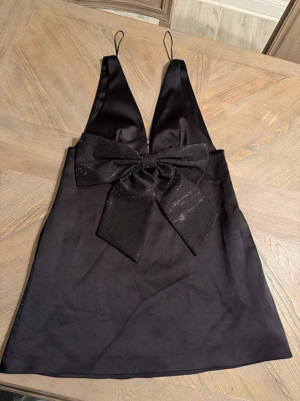 Zara Black Satin Rhinestone Bow Mini Dress Size XL - Picture 2 of 7